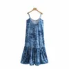 Lato Kobiety Drukowanie Kwiat Suspender Midi Sukienka Kobieta Potargane Hem Ubrania Casual Los Loose Vestido D7723 210430