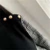 AELEGANTMIS Coreano Manta Houndstooth Patchwork Turtleneck Pullovers Mulheres Lace Up Button Chic Sweater Chic Black Jersey Mujer 210607