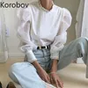 Korobov Elegante Spruff Sleeve Blusa Mulheres Ver através de Collar Stand New Chic Blusas Femme Estilo Coreano Camisas Femininas Vintage 2D612 210430