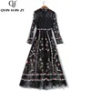 Robes décontractées Qian Han Zi Spring Summer Designer Robe Femme Manches longues Mesh Brodé Vintage Noir Slim Party Maxi