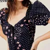 Zoete vintage-geïnspireerde stretch poplin Midi-jurk met gemengde bloemenpunt print hoekige hals delicate ruches bladerdeeghoes 210520