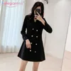 Aelegantmis élégant noir long blazer vestes femmes angleterre style vintage costumes manteau double boutonnage affaires mince femme 210607