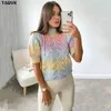 TAOVK Tie Day Knitted Sweater Female Rainbow Kawaii Pullover Women Short Sleeve O-neck Candy Outwear Female Sweet Top Jumpers 210806