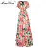 Summer Women Dress V-neck Flare Sleeve Floral-Print Elasticated waist Cascading Ruffle Vacation Party Maxi Dresses 210524
