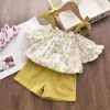 dropshipping Girls Clothing Sets 2021 Summer Kids Clothes Floral Chiffon Halter+Embroidered Shorts Straw Children Clothing dysoon