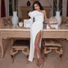 Winter White One Shoulder Long Lantern Sleeve Maxi Dress Sexy Women Pearls Celebrity Runway Club Party Dresses 210423