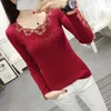 Spets vår broderi o-nacke rhinestone pullovers kvinnor sexiga mesh ihåliga ut höst tröjor mjuka toppar dam långa ärm hoppare x0721