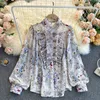 Temperament Fashion Women's Spring Blouse Chiffon Lantern Sleeve Stand Collar Pleated Wood Ear Blusa Floral Shirt C217 210506