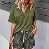 Pantalones casuales sólidos de verano para mujer, ropa informal con bolsillo y cuello en V, pantalones cortos, traje de calle, camiseta de primavera, conjuntos femeninos 210414