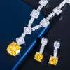 ThreeGraces Elegante giallo CZ cristallo colore argento grandi orecchini pendenti quadrati collana set di gioielli per feste di nozze per le donne TZ581 H1022