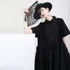 [EAM] Women Black Big Size Casual Ruffles Pleated Dress Lapel Short Sleeve Loose Fit Fashion Spring Summer 1DD8524 210512