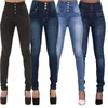 Kvinnor jeans ankomst denim penna byxor stretch hög midja knapp smal passform skinny elegant damer kläder 210629