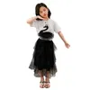 Fashion Girls Clothing Set Summer White T-shirts and Black Lace Skirts Suit for Teenage Girl Cartoon Lovely Swan Skirt Kids 210622