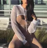 Women Sexy Fishnet Mesh Crop Tops Hooded Hoodie Casual Pullovers Bikini Cover-Ups Swimsuit Beach Bathing Suit Sarongs