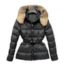 Womens Down Jacket Winter Jackets Coats Real Raccoon Hair Collar Warm Fashion Parkas with Belt Lady Cotton Coat Outerwear Big Pocket