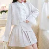 Autumn Winter Sweet Tweed 3 Piece Women Pearls Beading Short Jacket Coat+Ruffles White Chiffon Shirts+Mini Pleated Skirt Set 210416