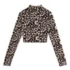 Sexy Lady Fashion High Street Zebra Leopard Animal Print Chemise à col roulé à manches longues T-shirt extensible Top Slim Bodycon 210421