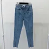 Rétro taille haute délavé mi-ligne avant fendu jean femmes Stretch hanche coupe ajustée pieds maigres neuf points crayon pantalon Sexy 14017 210528