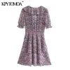 Kobiety Chic Moda Floral Print Ruffled Mini Dress Vintage elastyczna talia z podszewką sukienki żeńskie vestidos mujer 210416