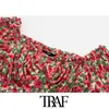 Kobiety Chic Moda Floral Print Ruffled Midi Sukienka Vintage Sleeve Puff Side Side Zipper z podszewka sukienki żeńskie 210507
