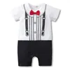 Baby Boy Roupas Body Suits Tuxedo Meninos Macacão Cavalheiro Roupa de Bebe Manga Curta Algodão Castanhos Preto Branco Trajes 210413