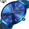 Lige мужские часы роскошные часы мужские моды спортивные кварцевые часы из нержавеющей стали сетки ремешок ультра тонкий циферблат дата синие часы 210527