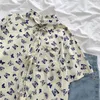 Kimutomo Chic Butterfly Printed Blouse Korean Bandage Turn-down Collar Short Sleeve Shirt Summer Outwear Casual Top Femme 210521