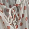 Mulheres OrganPolka Ponto Blusa Laços Up Collar ver através de manga longa doce feminino transparente camisa tops blusas 210430