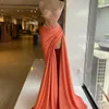 2021 Spaghetti Straps Evening Dresses Ruched Side Split Lace Beaded Formell Prom Party Gowns Elegant Vestido de Novia