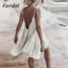 Casual Loose Summer Sundress Women Lace Up Shoulder Mini Slip Dress White Black Beach Boho Clothing Dress Vestidos 210415