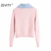 Women Fashion Color Matching Blue Collar Patchwork Pink Knitting Sweater Femme Chic Diamond Button Cardigan Tops S430 210420