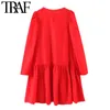 ONKOGENE Frauen Chic Mode Plissee Saum Rot Mini Kleid Vintage O Neck Puff Sleeve Weibliche Kleider Vestidos Mujer 210415