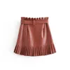 elegant pu leather skirt women Sexy mini Streetwear high waist chic belt pleated korean black falda mujer 210521