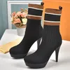 Womens Knit StretchSock Style Ankle Boots Luxury Designer Fashion High Platform Autumn Winter Slip On Shoes 35-42