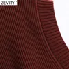 Spring Women Fashion V Neck Solid Färg Casual Ärmlös Vest Knitting Sweater Chic Lady Leisure Vin Röda Toppar S562 210420