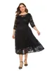 Women Plus Size Evening Dresses Lace A-Line Print Floral Hollow Out Lady Vestidos Half Sleeve Midi Party Dress