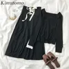 KIMUTOMO Casual Patchwork 2 Stuk Set Spring Square Collar Lange mouw Gebreide trui en hoge taille Tie Black Rok 210521