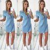 Mode Sexy Femmes D'été Lâche Casual Denim À Manches Courtes Chemise Tops Blouse Robe Dames Longue Taille S-XL Vestidos Femmes Blouses Chemises