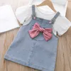 Baby Girl Clothes Set Short Sleeve White Shirt en Means Overall Set Mode Kleding voor Peuter Meisjes Sets Design 210715