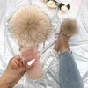 Flip Flops Fox Pom Pon Fur Women's Slippers Crystal Slides Ladies Jelly Sandals Beach Female With Fur Rhinestones Shoes 2021 Y1206