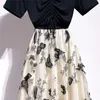 Mulheres verão conjunto de moda cordão preto t-shirt de manga curta + borboleta bordado saia de malha terno 2 peças conjuntos 210518