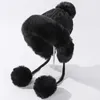 Berets HT3837 Women Winter Hat Thick Warm Fleece Lined Russian Earflap Cap Lady Knitted Three Fur Pompoms Skullies Beanies Ushanka