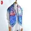 Chinesischer klassischer blauer Schal für Damen, Pfau, Pfingstrose, Malerei, Schal, handgefasst, Naturseide, 90 cm, quadratische Schals, Bandana, Damengeschenk