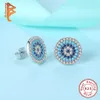 Luxe 925 Sterling Silver Round Blue Eye Zircon CZ Boucles D'oreilles Piercing Oreille Goujons pour Femmes Cadeau De Fête De Mariage Bijoux De Mode