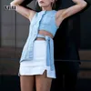 VGH Casual Streetwear Denim Vest For Women O Neck Sleeveless Hollow Out Blue Vests Female Fashion New Clothing Summer Tide 210421