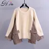 H.SA Sueter Mujer Women Sweater and Pullovers Plaid Pocket Patchwork Knitted Sweaters Oversized Beige Jumpers Loose Tops 210417
