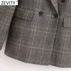 Kvinnor Vintage Plaid Print Chic Business Blazer Office Ladies Double Breasted Casual Slim Outwear Suit Tops CT639 210416