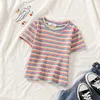 Short Sleeve Knitted Graphic T Shirts Women Korean Rainbow Stripe Tee Tops Casual Summer O-neck Tshirt 6F390 210603