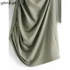 Yenkye Moda Kobiety Projekt Ruching Asymetryczny Sukienka Vintage Solid Color Długi Rękaw Wysoki Neck Sexy Winter Dress Vestido 210515
