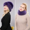 Kvinnor Vinter Real Rex Kanin Fur Hat Scarf 2 stycken Stickad Top Natural Fox Fur Cap Scarves Sets